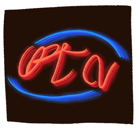  a drawing of a neon sign on a black background. it looks like an open sign with scribbles instead of words. the scribbles are red and there are blue lines around it. it appears to glow.